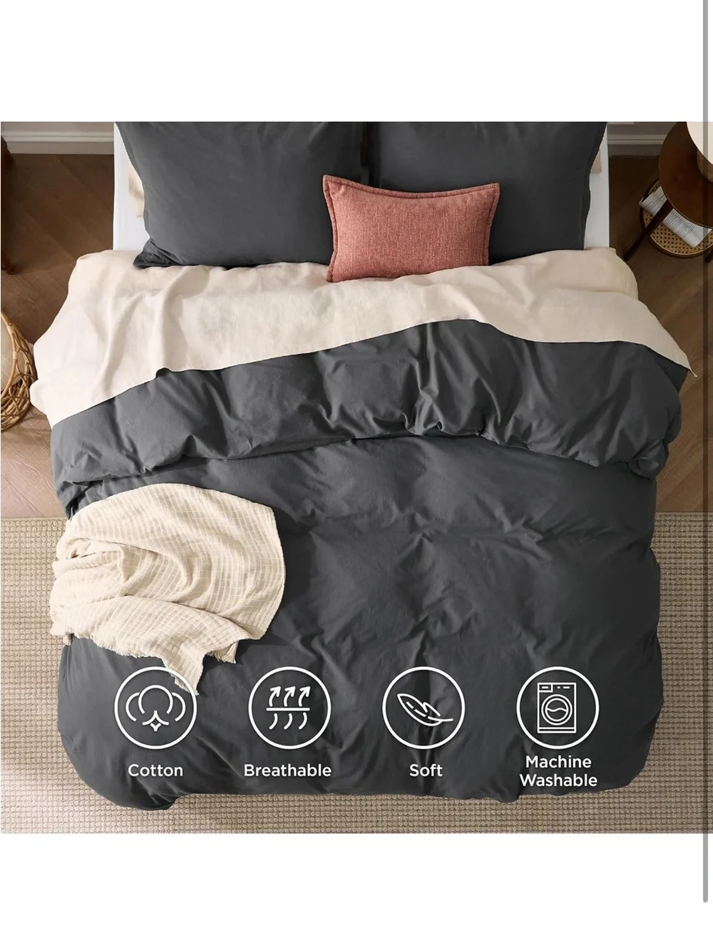 NEW Bedsure 100% Washed Cotton Duvet Cover Set. Linen Like. Charcoal. King